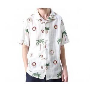 NEW FAR AFIELD stachio short sleeve shirt in tropical embroidery white